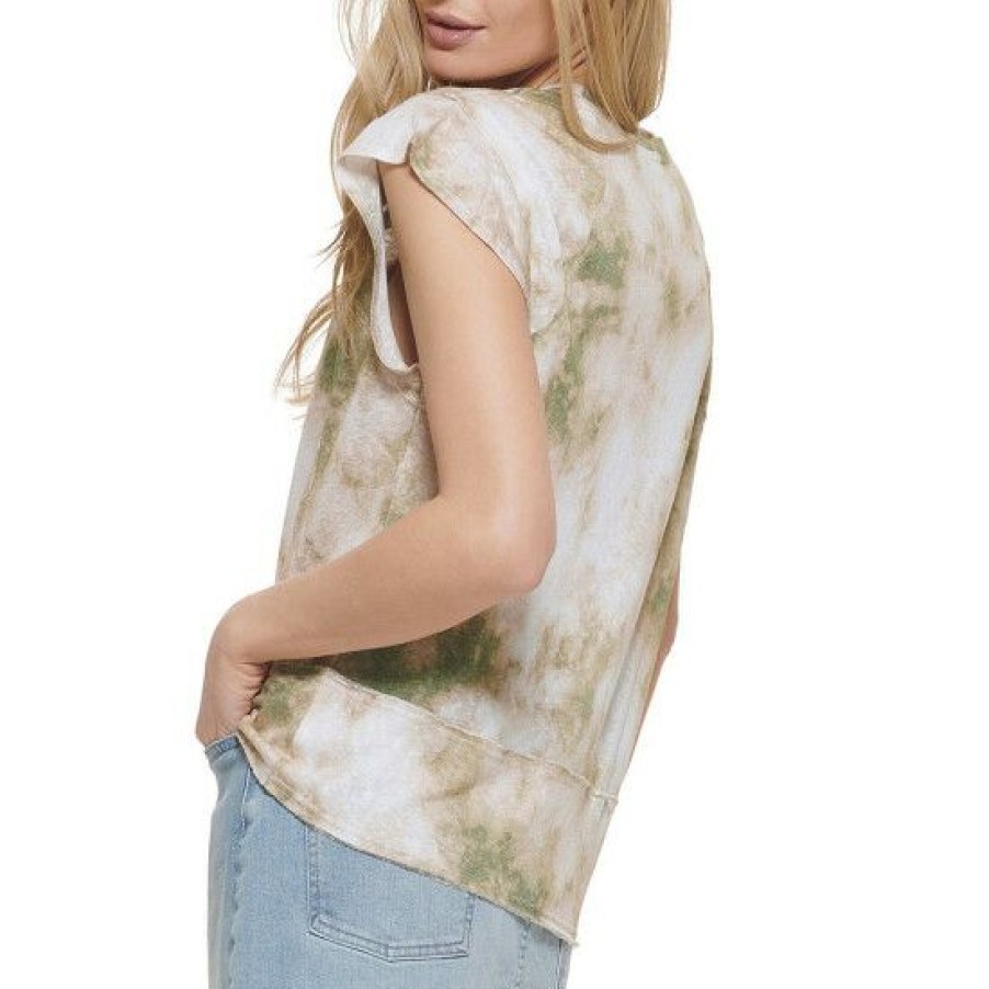 Women'S Clothing * | Cheap Dkny Tie Dye Print Crew Neck Cap Raglan Flutter Sleeve Top Grey Olive Multi