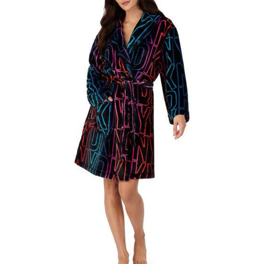 Lingerie * | Promo Dkny Ombre Dkny Logo Print Long Sleeve Shawl Collar Short Cozy Wrap Robe Black/Multi