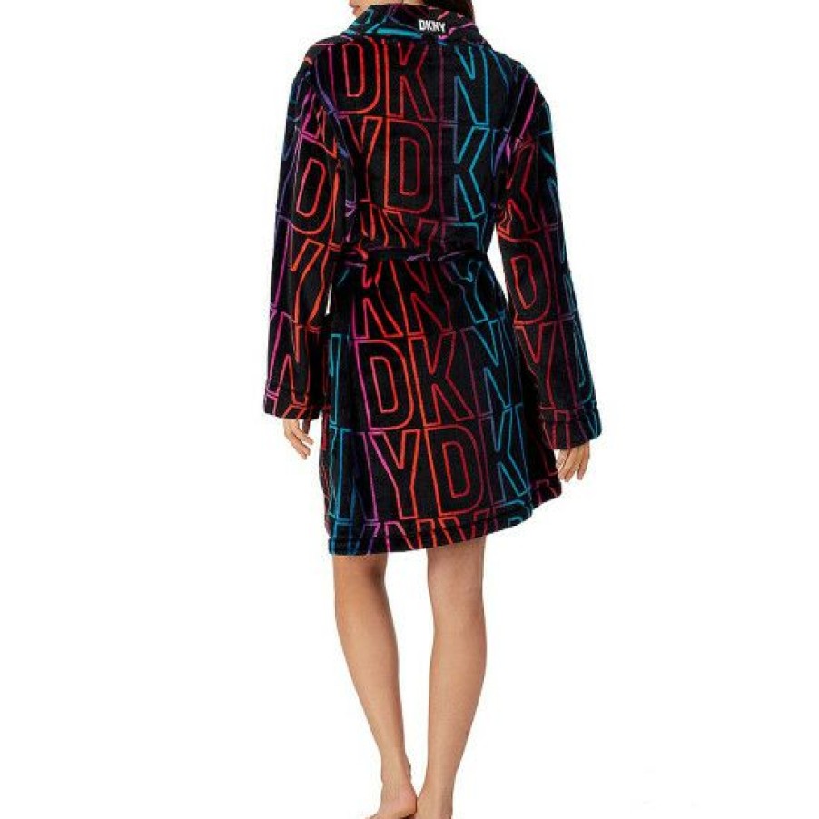 Lingerie * | Promo Dkny Ombre Dkny Logo Print Long Sleeve Shawl Collar Short Cozy Wrap Robe Black/Multi