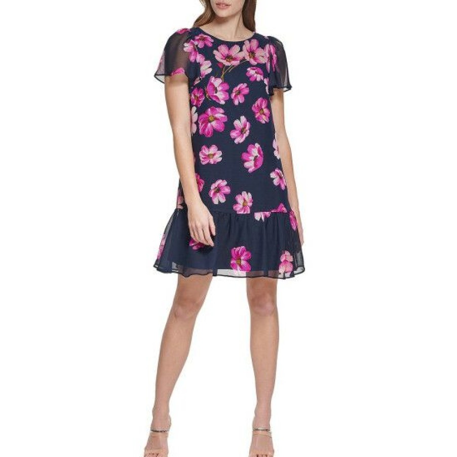 Women'S Clothing * | Best Reviews Of Dkny Floral Printed Short Flutter Sleeve Round Neck Tiered Ruffle Hem Trapeze Dress Navy/Multi