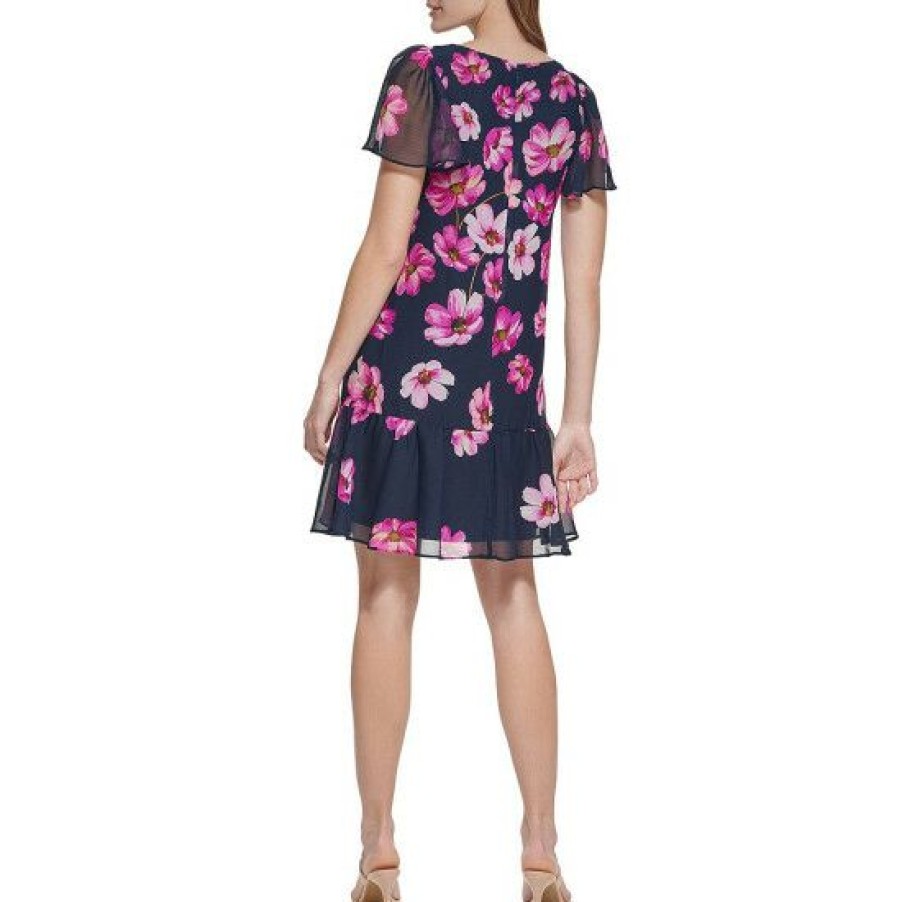 Women'S Clothing * | Best Reviews Of Dkny Floral Printed Short Flutter Sleeve Round Neck Tiered Ruffle Hem Trapeze Dress Navy/Multi