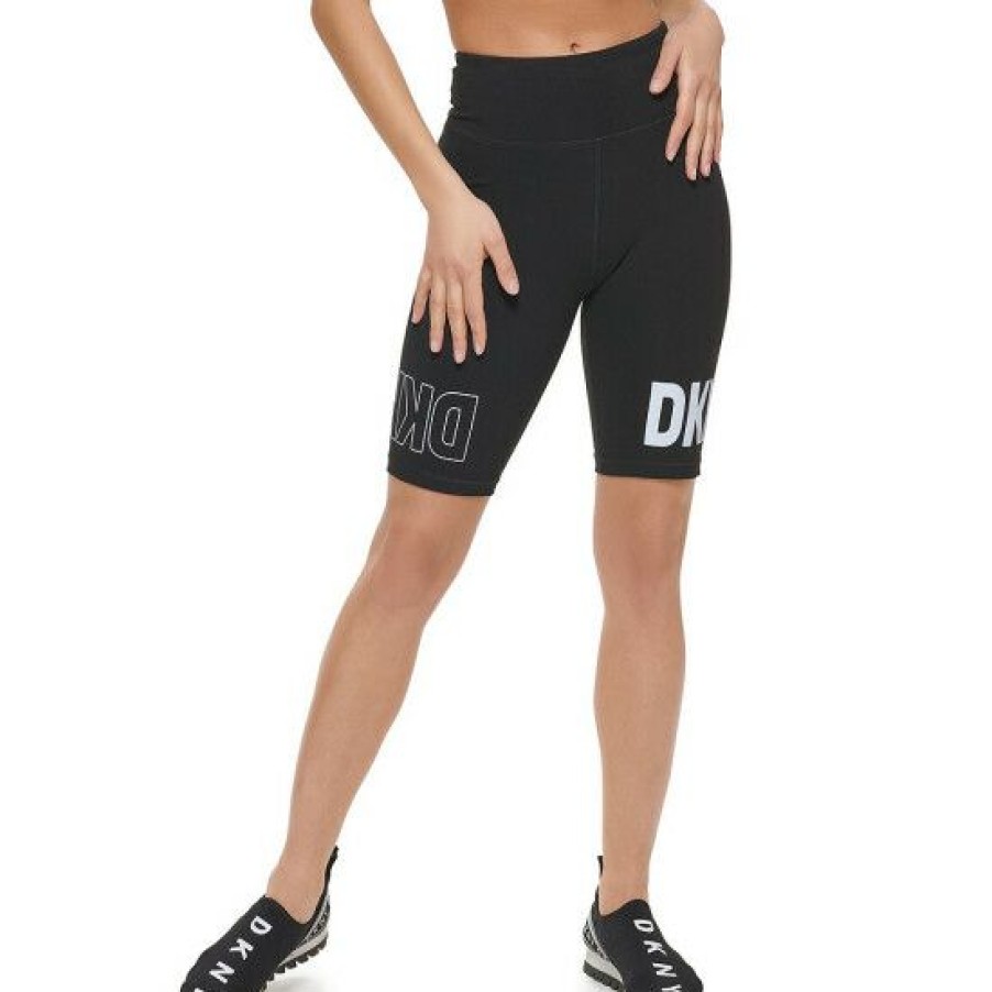 Women'S Clothing * | Flash Sale Dkny Sport Flip Reflect Logo High Waisted 9#Double; Biker Shorts Black/White