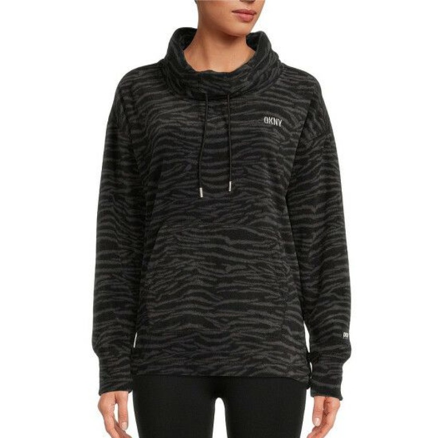 Women'S Clothing * | Deals Dkny Sport Animal Print Polar Fleece Cowl Neck Pullover Black Tiger