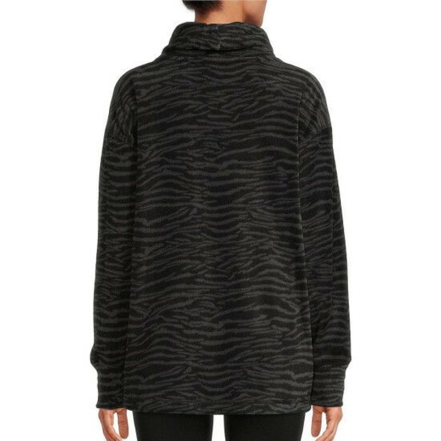 Women'S Clothing * | Deals Dkny Sport Animal Print Polar Fleece Cowl Neck Pullover Black Tiger