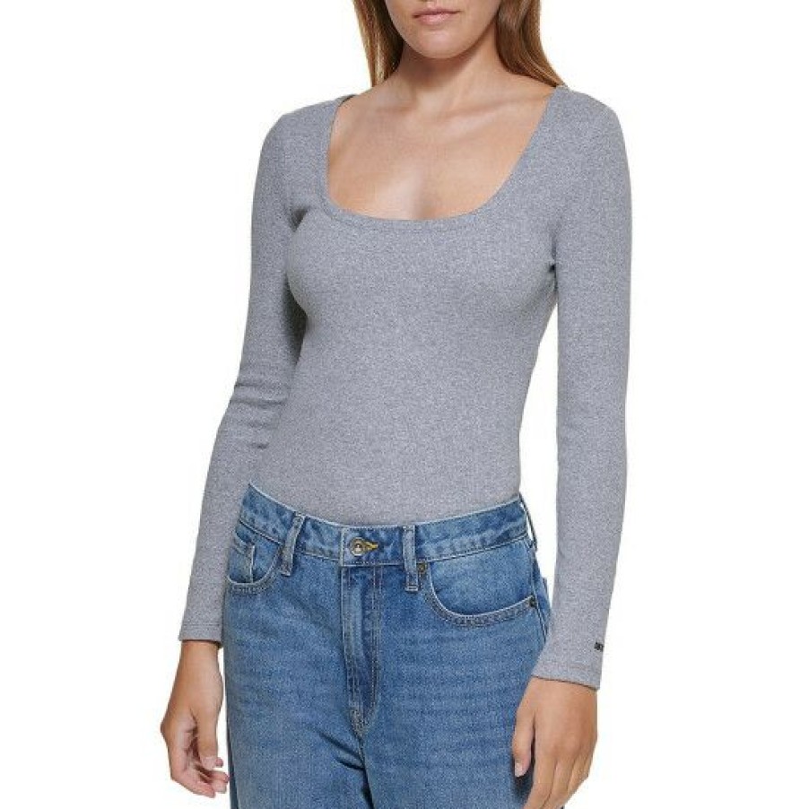 Women'S Clothing * | Best Sale Dkny Jeans Scoop Neck Long Sleeve Knit Bodysuit