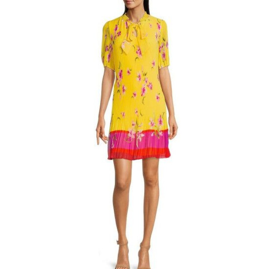 Women'S Clothing * | Budget Dkny Floral Print Tie Mock Neck Short Sleeve Pleated Shift Dress Sunshine Multi