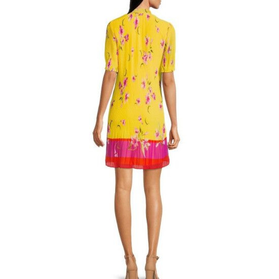 Women'S Clothing * | Budget Dkny Floral Print Tie Mock Neck Short Sleeve Pleated Shift Dress Sunshine Multi