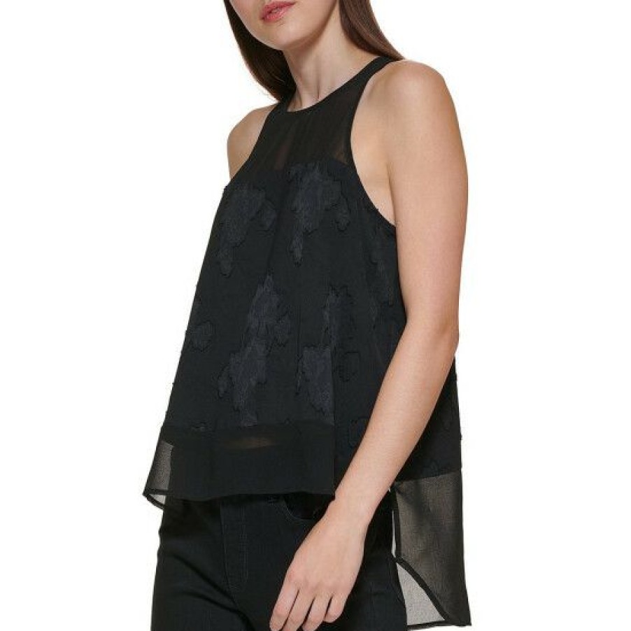 Women'S Clothing * | Best Reviews Of Dkny Cutaway Shoulder Sleeveless Jewel Neck Mixed Media High-Low Layered Tank Top Black