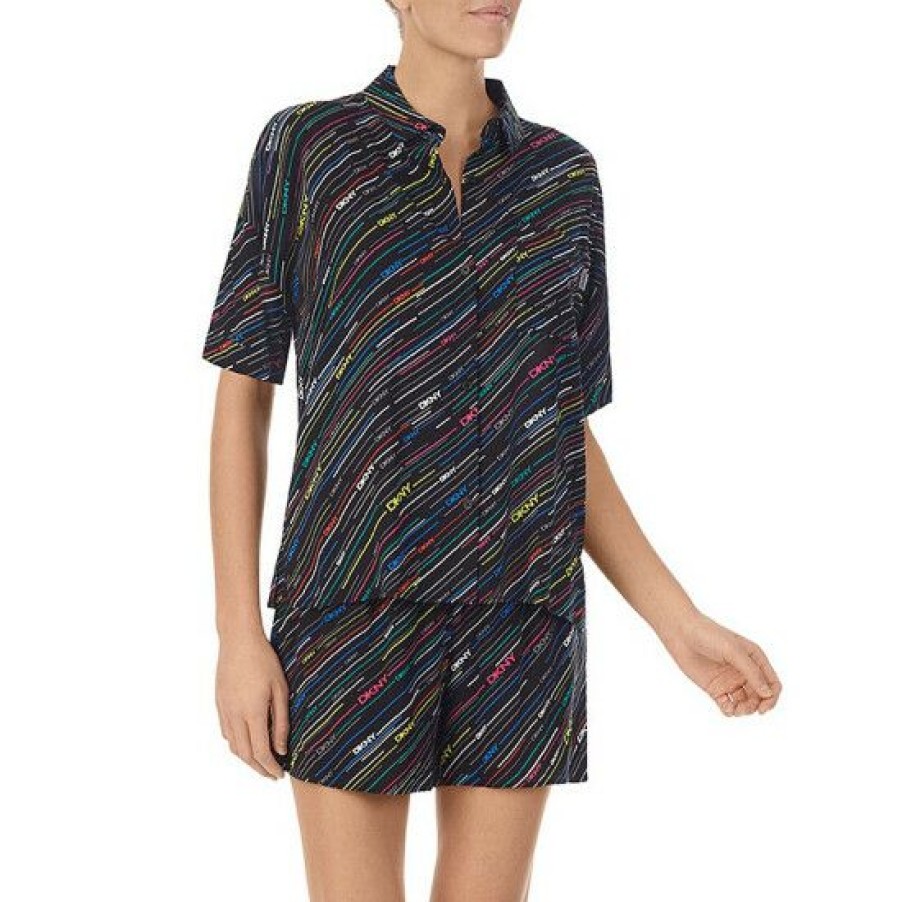 Lingerie * | Best Sale Dkny Printed Point Collar Short Sleeve Button Front Pajama Set Black Multi