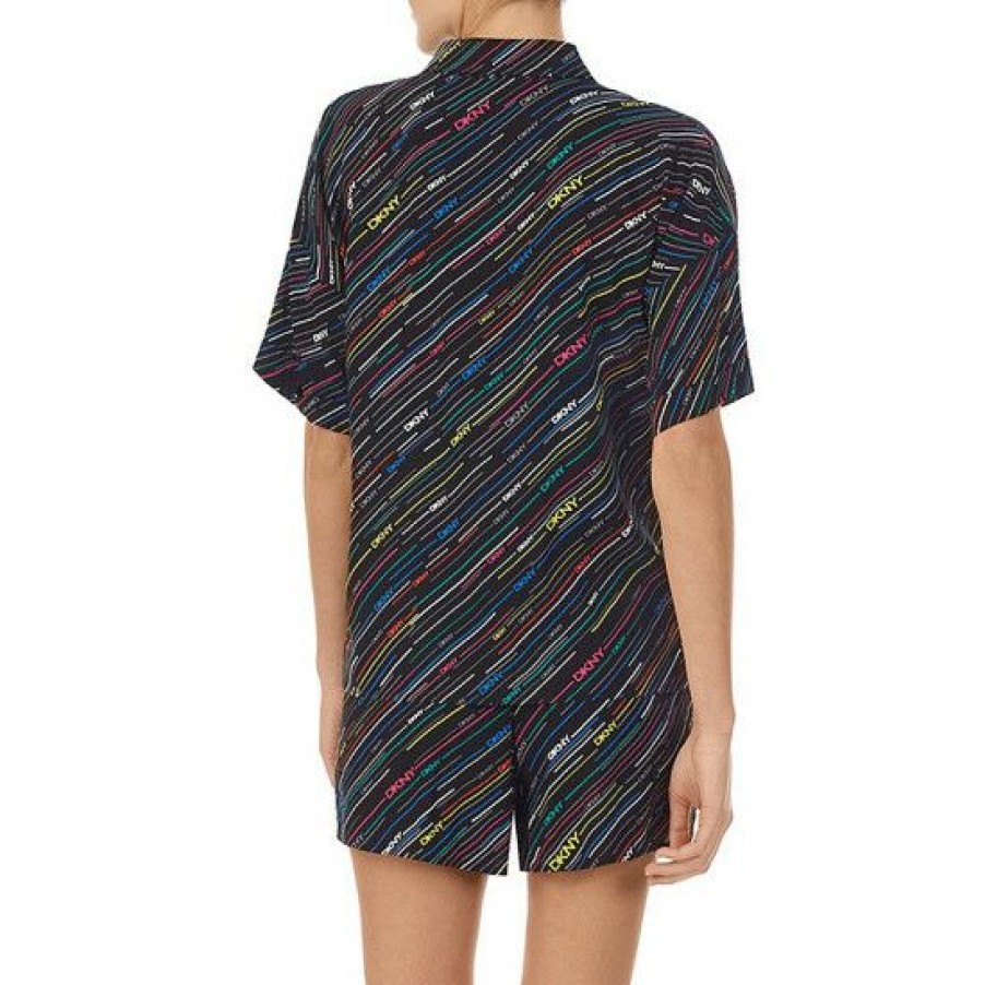 Lingerie * | Best Sale Dkny Printed Point Collar Short Sleeve Button Front Pajama Set Black Multi