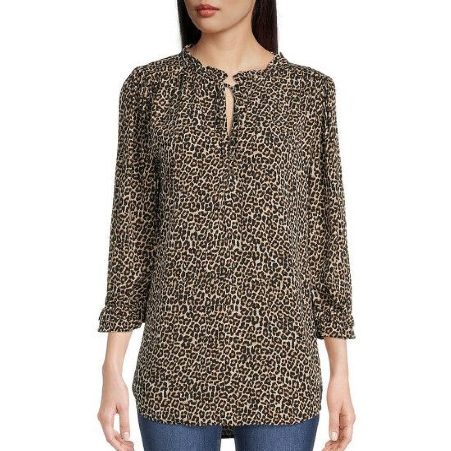 Women'S Clothing * | Best Sale Dkny Jeans Animal Print Ruffle Trim Tie Crew Neck 3/4 Sleeve Top Black Multi