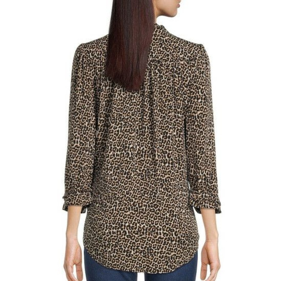 Women'S Clothing * | Best Sale Dkny Jeans Animal Print Ruffle Trim Tie Crew Neck 3/4 Sleeve Top Black Multi