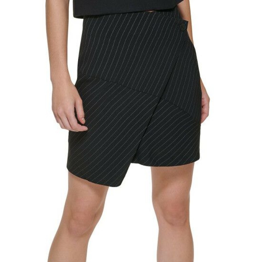 Women'S Clothing * | Cheap Dkny City Pinstripe Mini Mid Rise Wrap Skirt Black/Ivory