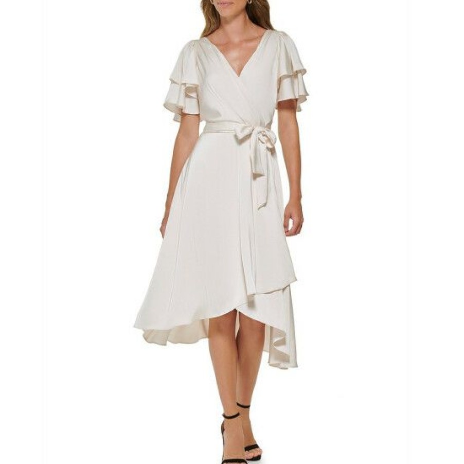 Women'S Clothing * | Best Deal Dkny V Neck Double Ruffle Short Sleeve Faux Wrap Midi Dress Buttercream