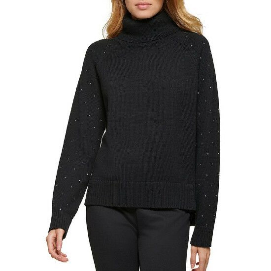 Women'S Clothing * | Cheapest Dkny Turtleneck Long Rhinestone Embellished Sleeve Sweater