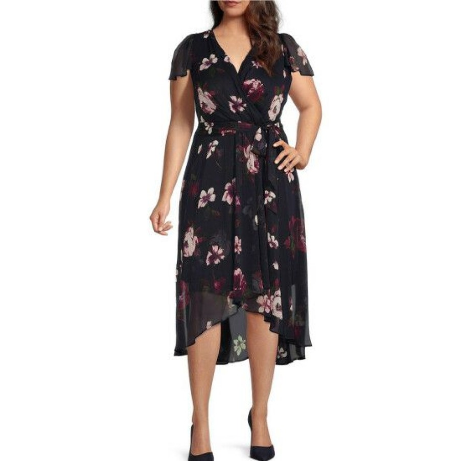 Women'S Clothing * | Cheap Dkny Plus Size Floral Print Short Sleeve Surplice V-Neck Chiffon Tie Waist Midi Wrap Dress Midnight Navy