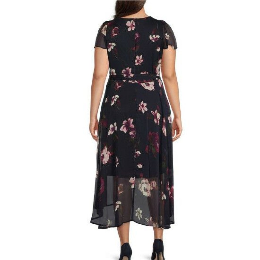 Women'S Clothing * | Cheap Dkny Plus Size Floral Print Short Sleeve Surplice V-Neck Chiffon Tie Waist Midi Wrap Dress Midnight Navy