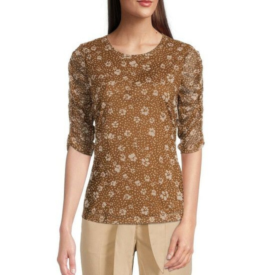 Women'S Clothing * | Brand New Dkny Floral Print 3/4 Ruched Sleeve Crew Neck Top Toffee/Butter Cream