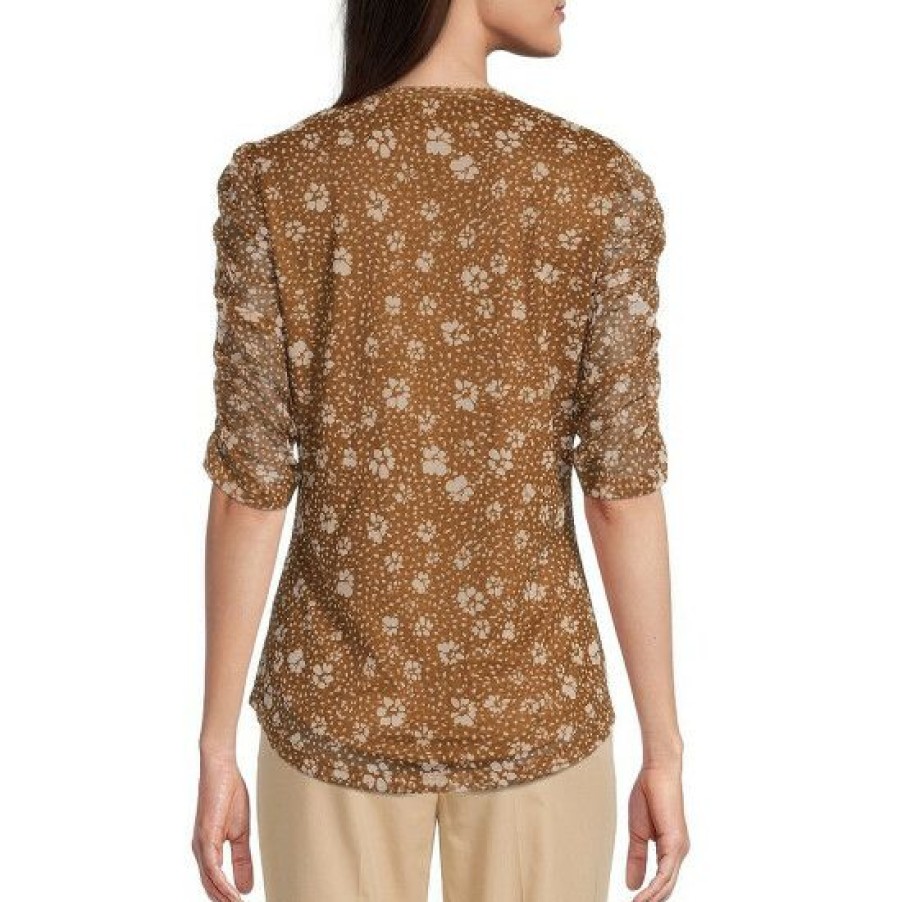 Women'S Clothing * | Brand New Dkny Floral Print 3/4 Ruched Sleeve Crew Neck Top Toffee/Butter Cream