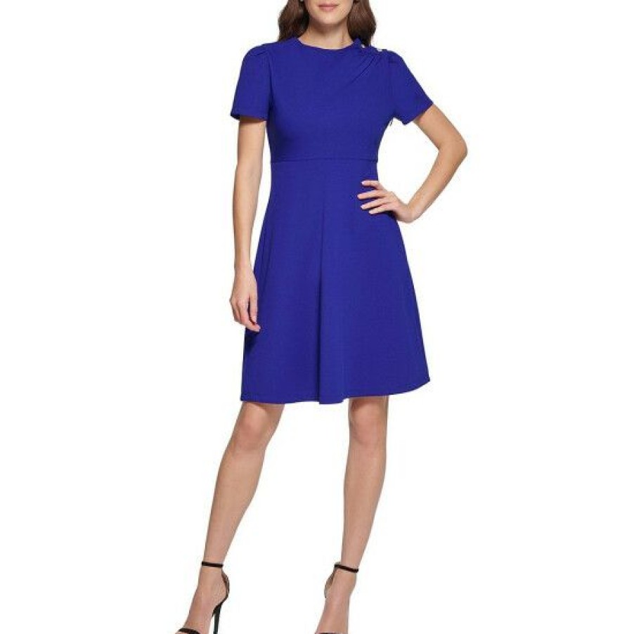 Women'S Clothing * | Promo Dkny Stretch Crepe Crew Neck Button Shoulder Short Sleeve Fit And Flare Dress Berry Blue