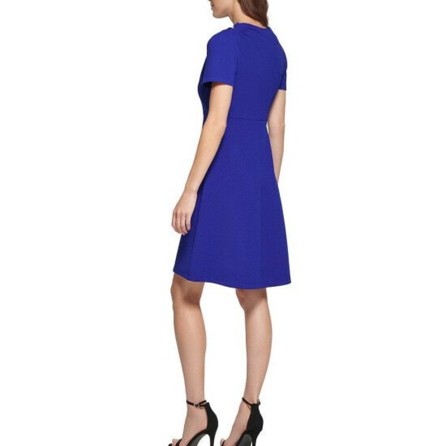 Women'S Clothing * | Promo Dkny Stretch Crepe Crew Neck Button Shoulder Short Sleeve Fit And Flare Dress Berry Blue