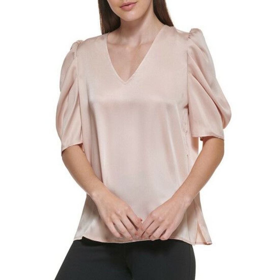 Women'S Clothing * | Buy Dkny Solid Scarf Twill V-Neck Puffed Elbow Short Sleeve Top