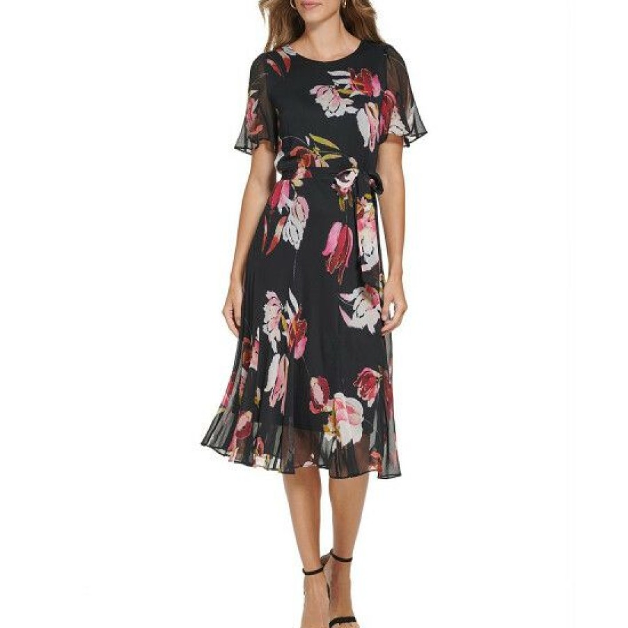 Women'S Clothing * | Outlet Dkny Floral Print Jewel Neck Short Flutter Sleeve Tie-Waist Midi Dress Black Multi