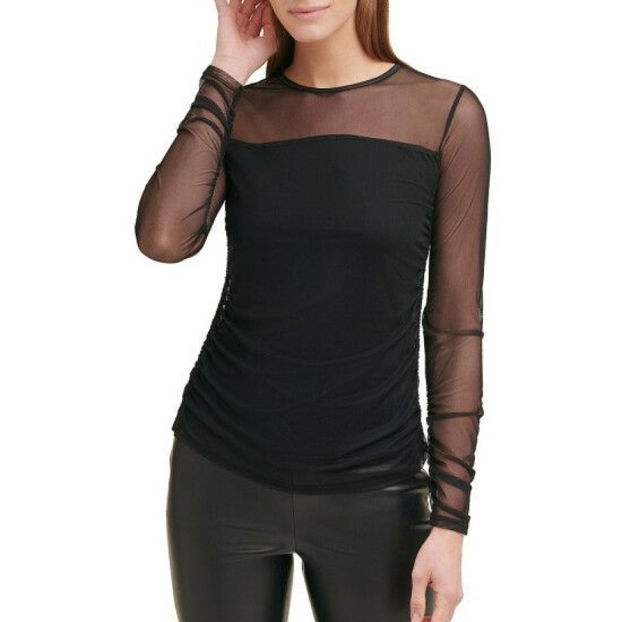 Women'S Clothing * | Outlet Dkny Mesh Crew Neck Long Sleeve Top Black