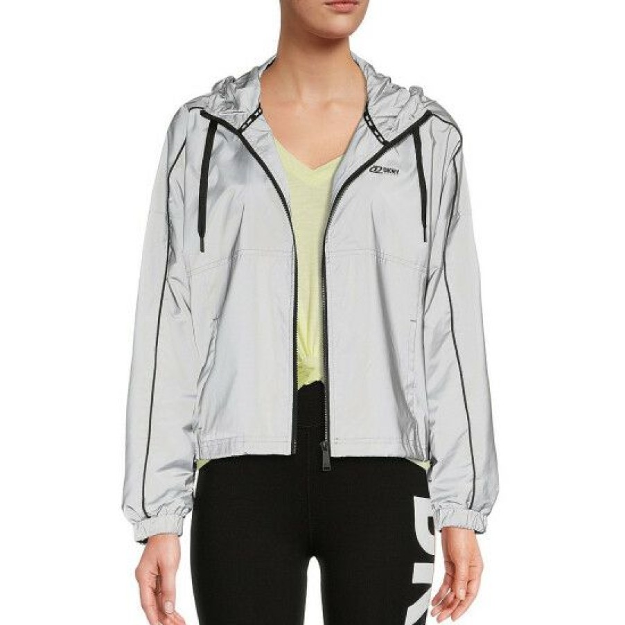 Women'S Clothing * | Flash Sale Dkny Sport Zip Front Long Sleeve Essentials Hooded Jacket Reflective