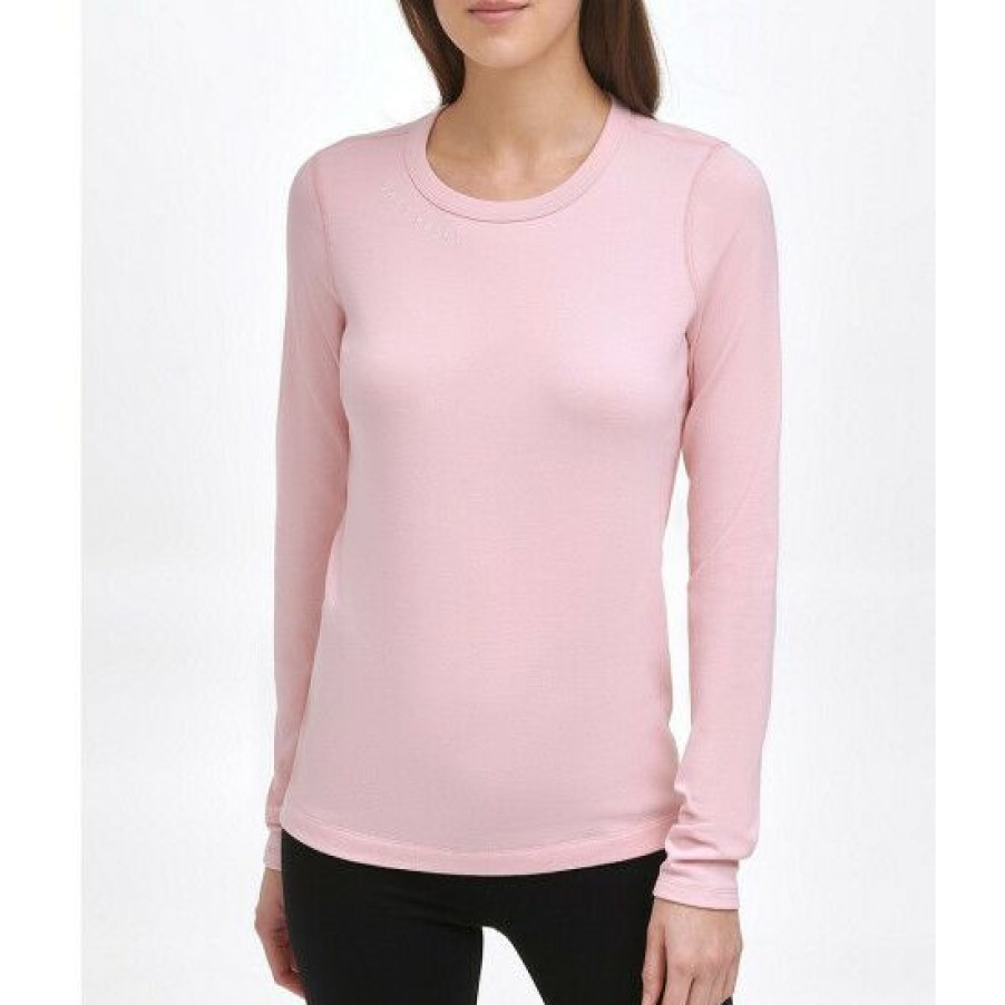 Women'S Clothing * | Best Sale Dkny Sport Pima Cotton Jewel Neck Long Sleeve Embroidered Tee