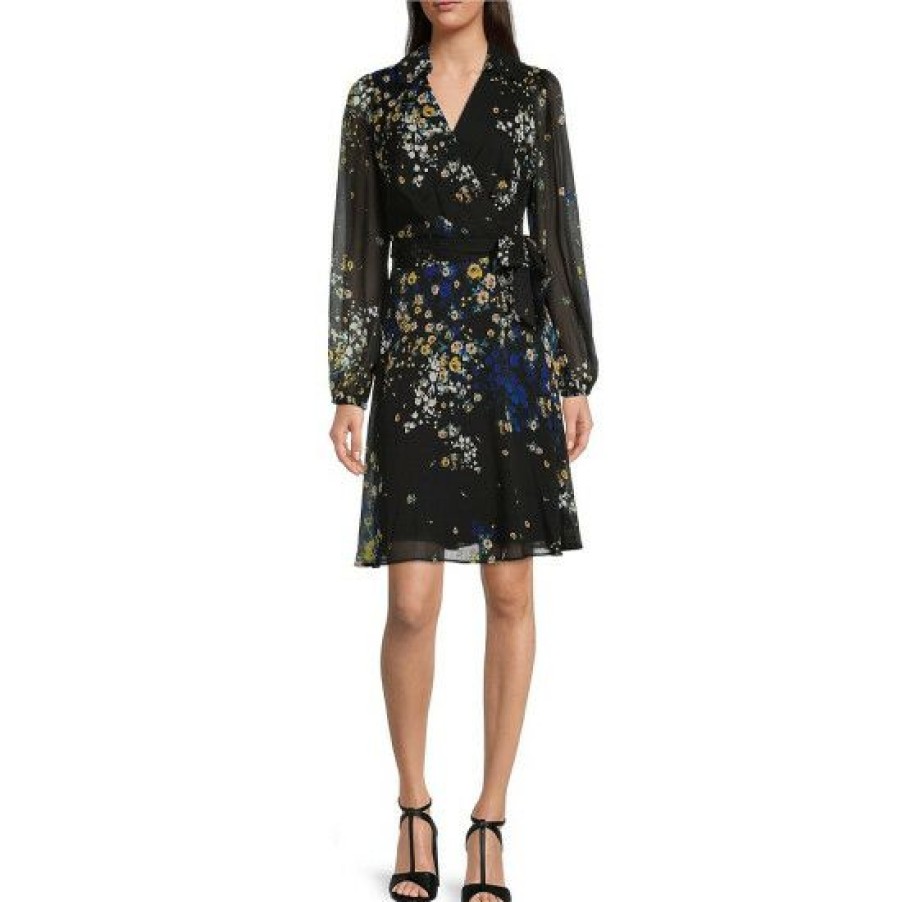 Women'S Clothing * | Best Deal Dkny Chiffon Floral Print Point Collar V-Neck Long Illusion Balloon Sleeve Waist Ribbon Detailed A-Line Dress Black/Golden Spice