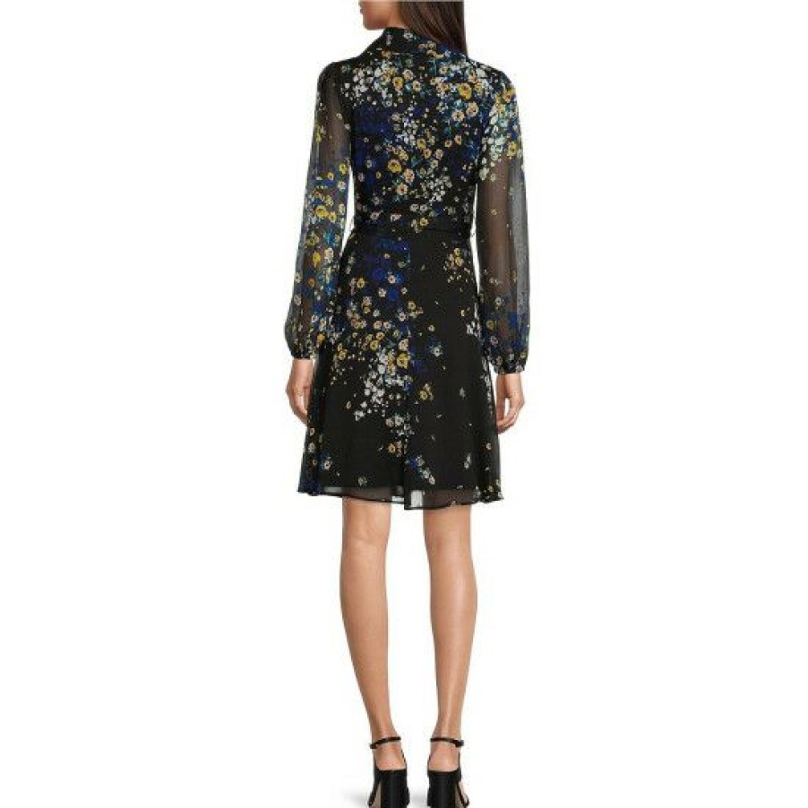 Women'S Clothing * | Best Deal Dkny Chiffon Floral Print Point Collar V-Neck Long Illusion Balloon Sleeve Waist Ribbon Detailed A-Line Dress Black/Golden Spice