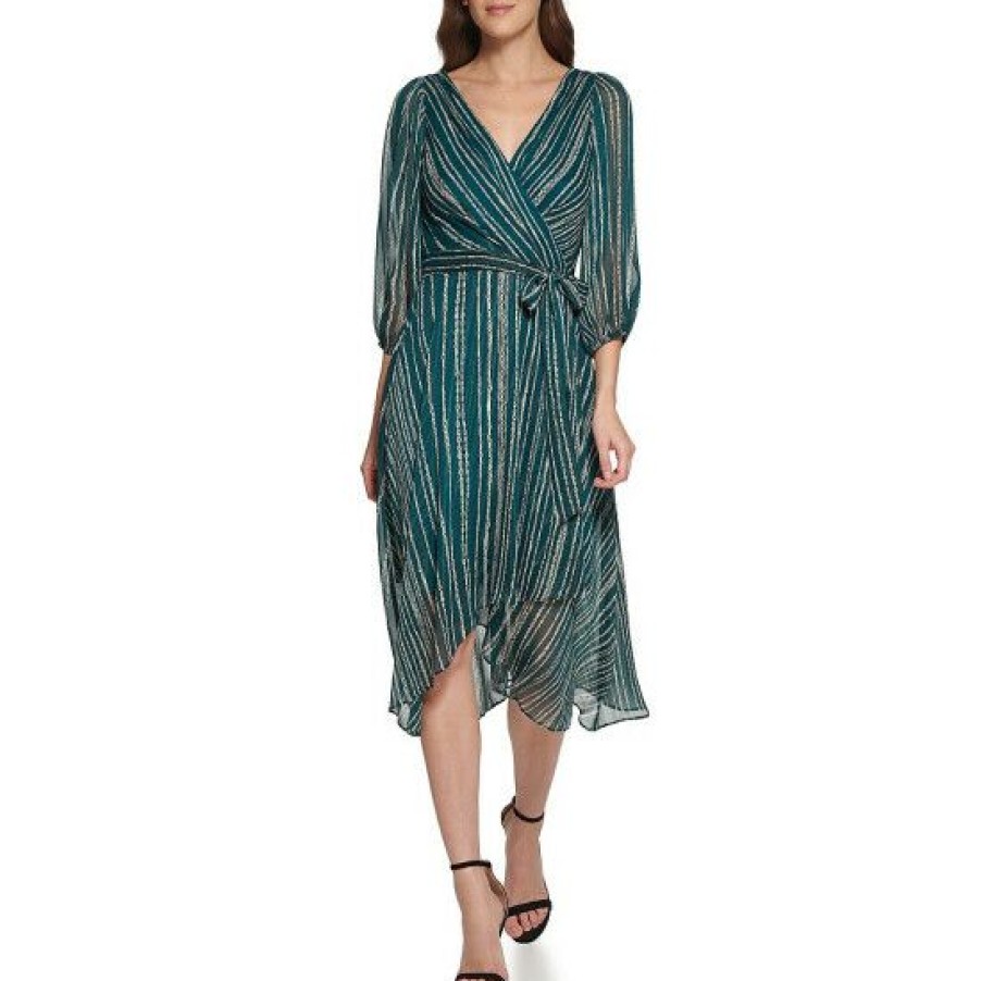 Women'S Clothing * | Brand New Dkny Metallic Stripe Print Surplice V-Neck 3/4 Balloon Sleeve Tie Waist Faux Wrap Midi Dress Forest Multi