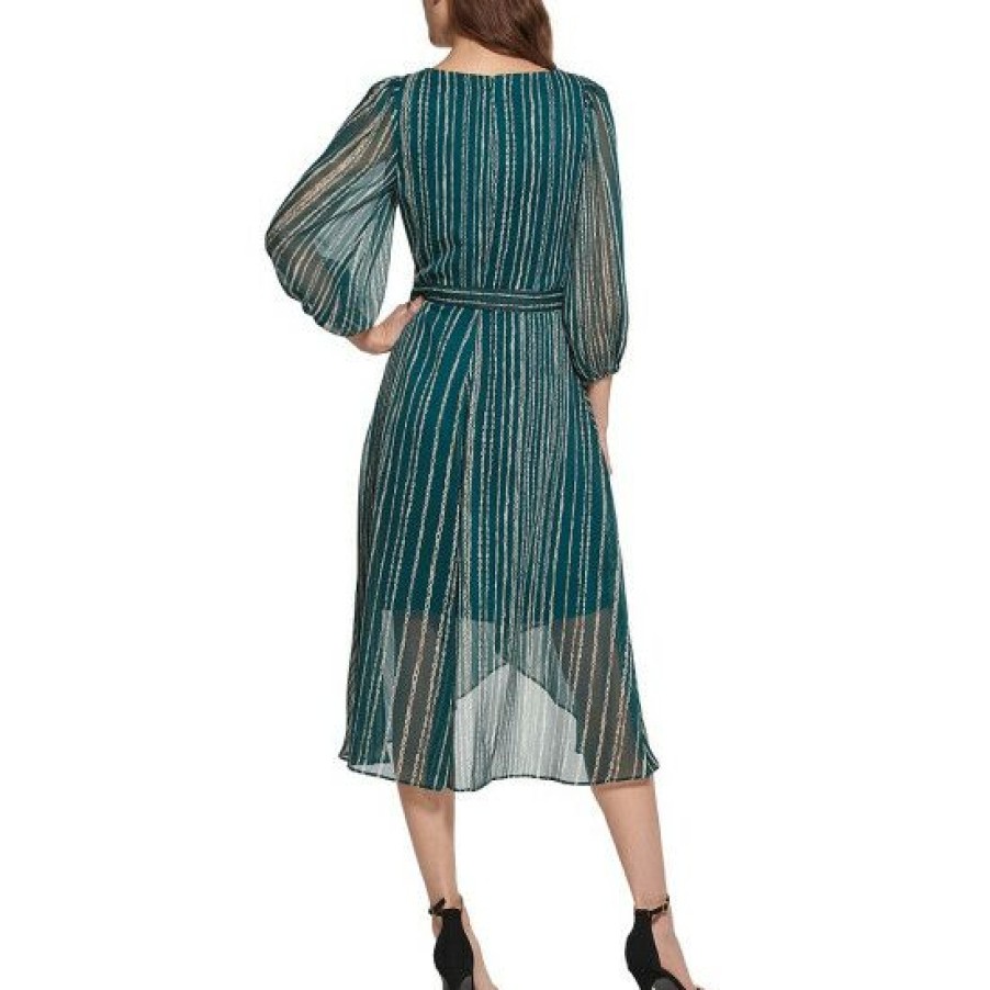 Women'S Clothing * | Brand New Dkny Metallic Stripe Print Surplice V-Neck 3/4 Balloon Sleeve Tie Waist Faux Wrap Midi Dress Forest Multi