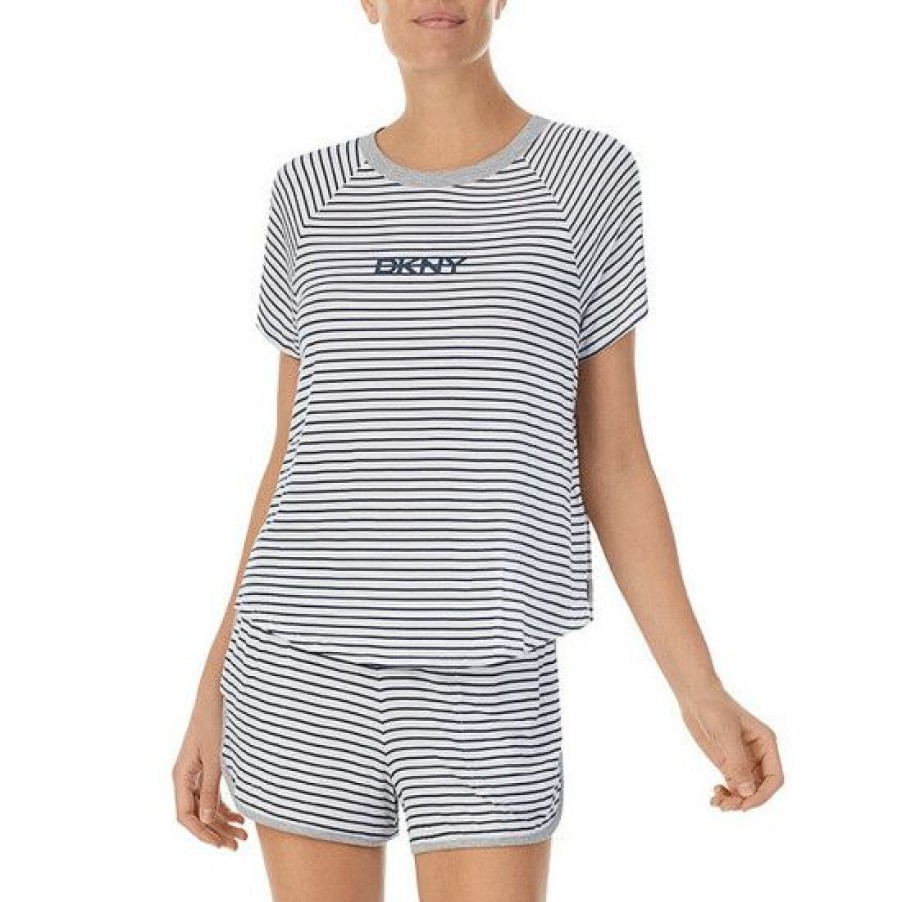 Lingerie * | Best Reviews Of Dkny Stripe Knit Round Neck Short Sleeve Shorty Pajama Set