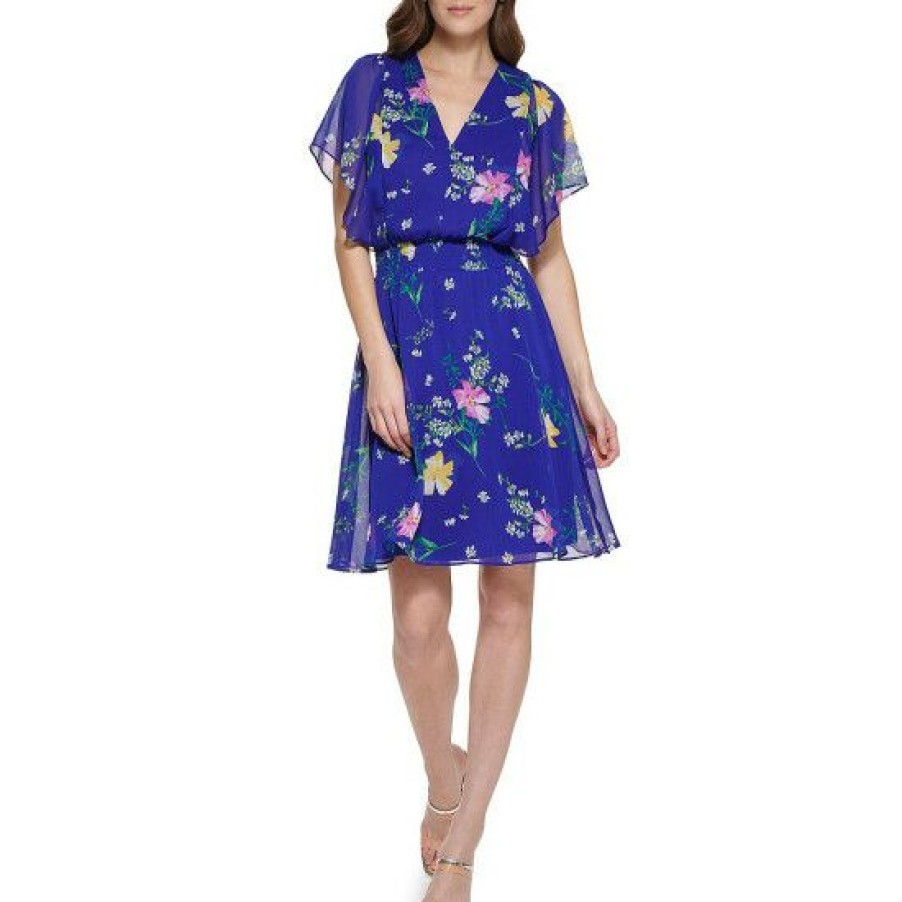 Women'S Clothing * | Buy Dkny Chiffon Floral Print V-Neck Drop Shoulder Short Flutter Sleeve Smocked Waist Blouson Dress Blue Multi