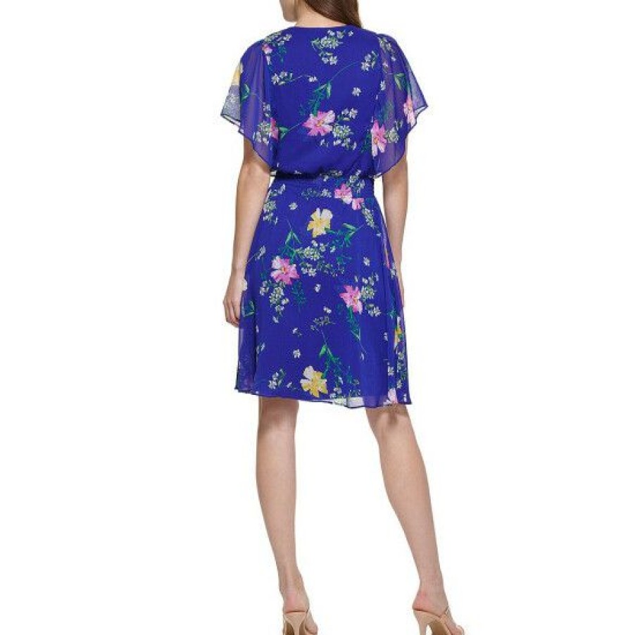 Women'S Clothing * | Buy Dkny Chiffon Floral Print V-Neck Drop Shoulder Short Flutter Sleeve Smocked Waist Blouson Dress Blue Multi