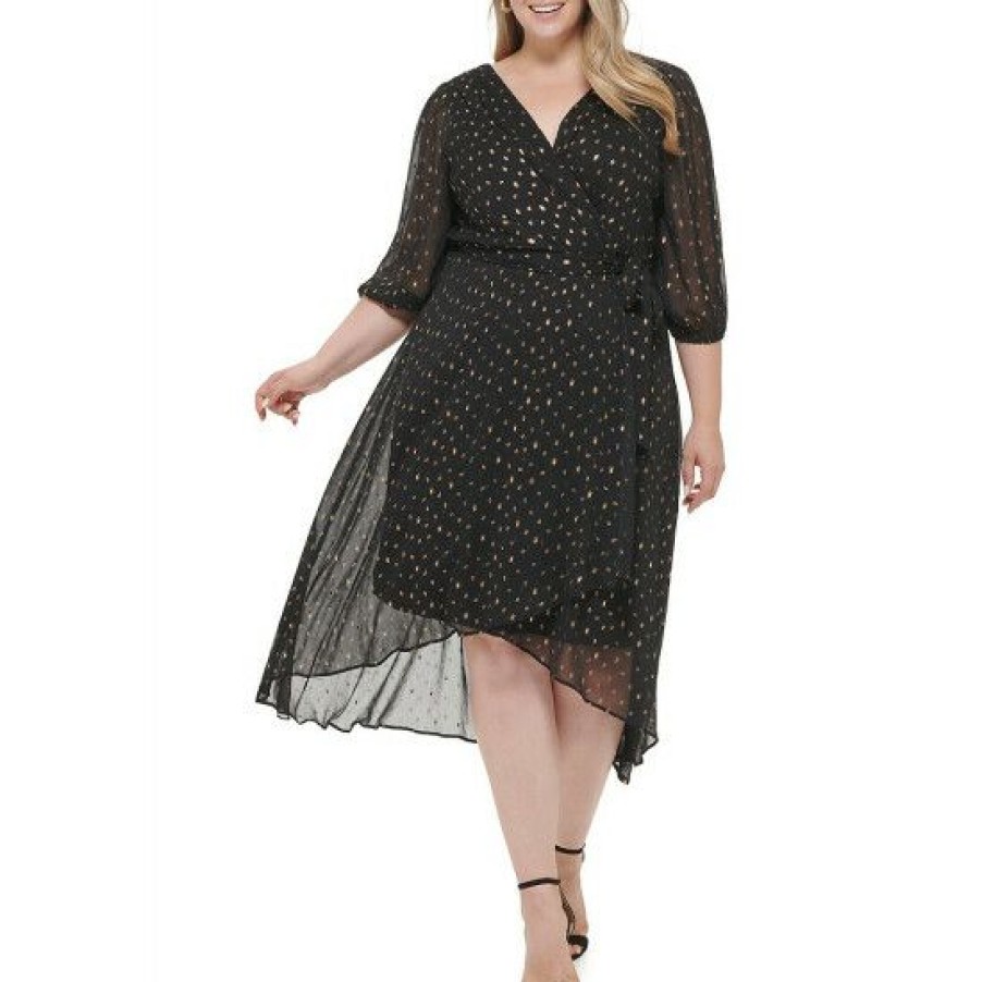 Women'S Clothing * | Best Pirce Dkny Plus Size Dotted Print 3/4 Balloon Sleeve Surplice V-Neck Tie Waist High-Low Chiffon Faux Wrap Dress Black/Gold