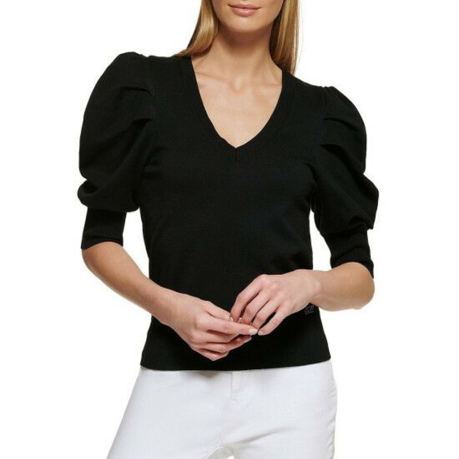 Women'S Clothing * | Best Reviews Of Dkny Short Puff Sleeve V-Neck Knit Top