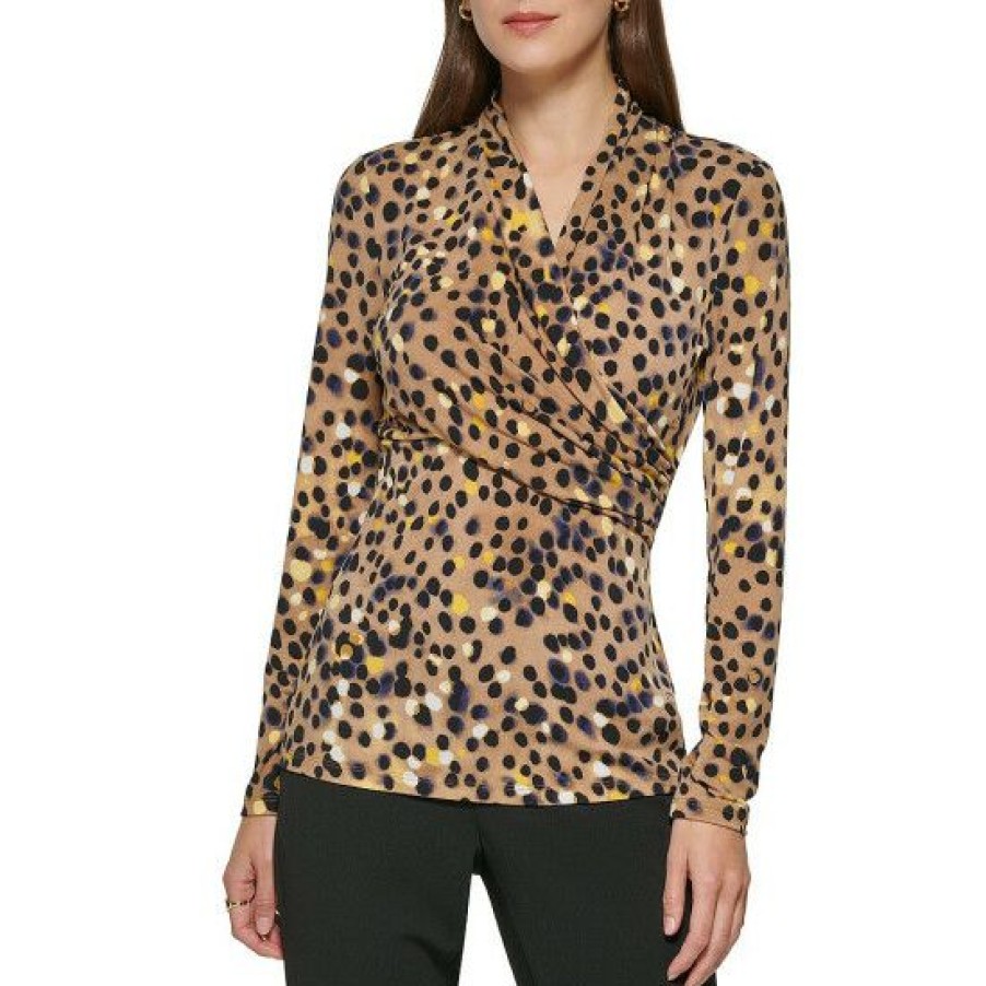 Women'S Clothing * | Discount Dkny Long Sleeve Surplice V-Neck Top Toffee Multi