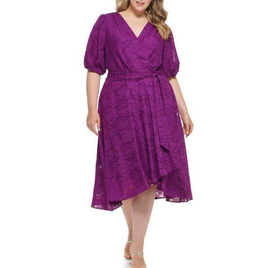 Women'S Clothing * | Flash Sale Dkny Plus Size Burn Out Chiffon Surplice V-Neck Short Slit Balloon Sleeve Tie Waist Faux Wrap Midi Dress Magnolia