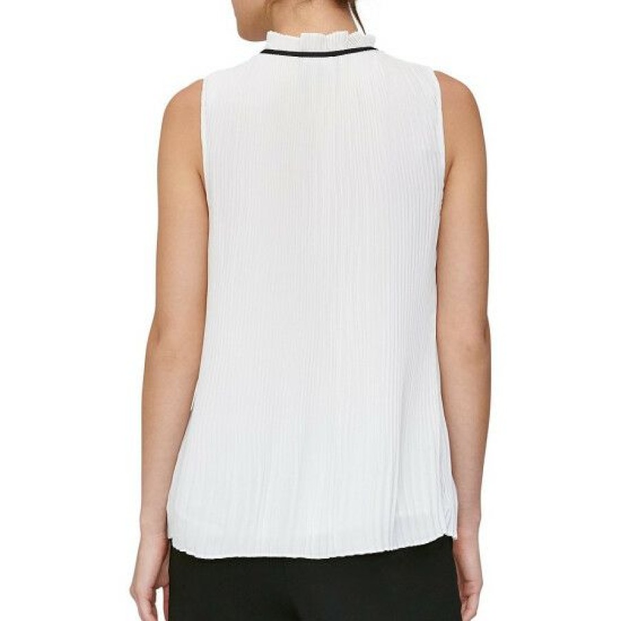 Women'S Clothing * | Cheapest Dkny Sleeveless Pleated Georgette Mandarin Collar Tie Neck Top White/Black