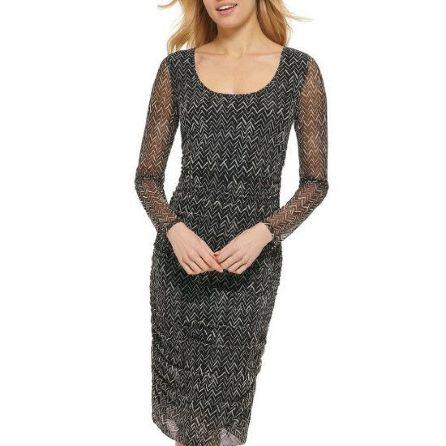 Women'S Clothing * | Best Deal Dkny Knit Chevron Print Scoop Neck Long Sleeve Fitted Sheath Dress Black Ivory Combo