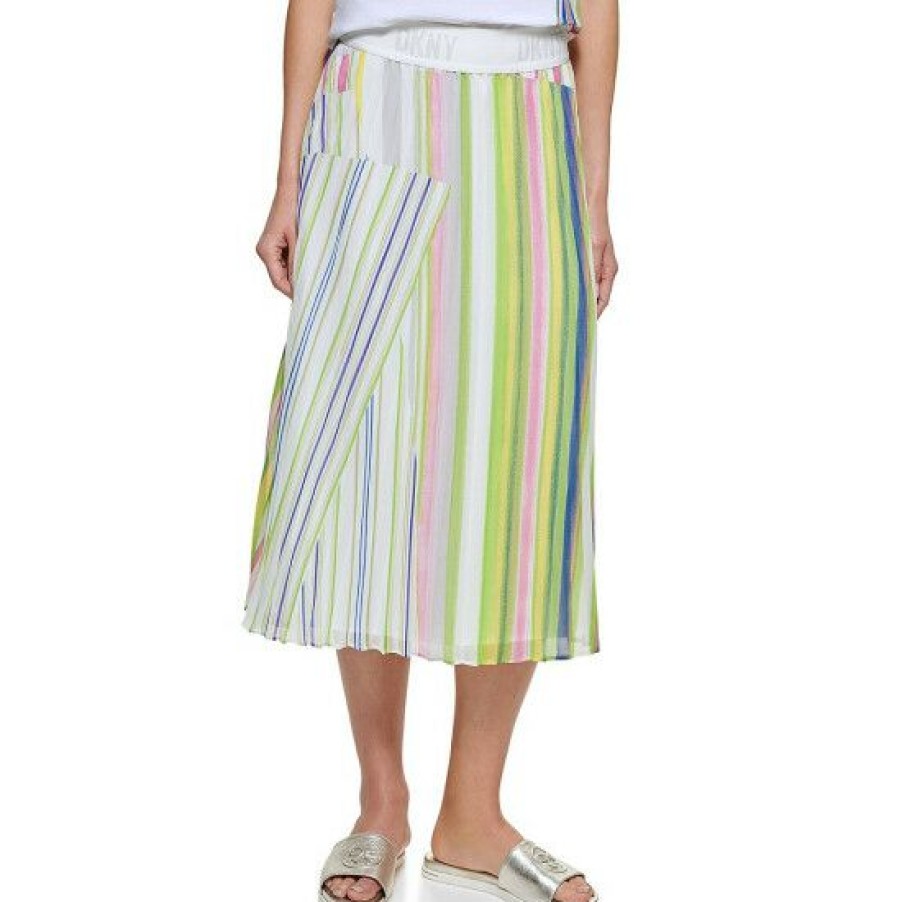 Women'S Clothing * | Best Sale Dkny Crinkle Chiffon Stripe Print Flutter Hem Pull-On A-Line Midi Skirt White/Pink Punch Multi