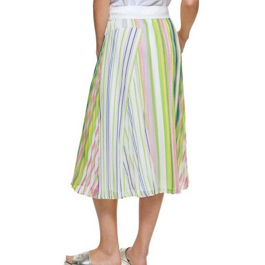 Women'S Clothing * | Best Sale Dkny Crinkle Chiffon Stripe Print Flutter Hem Pull-On A-Line Midi Skirt White/Pink Punch Multi