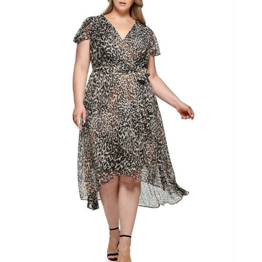 Women'S Clothing * | Best Reviews Of Dkny Plus Size Animal Print Surplice V-Neck Short Flutter Sleeve High-Low Hem Faux Wrap Dress Black Multi