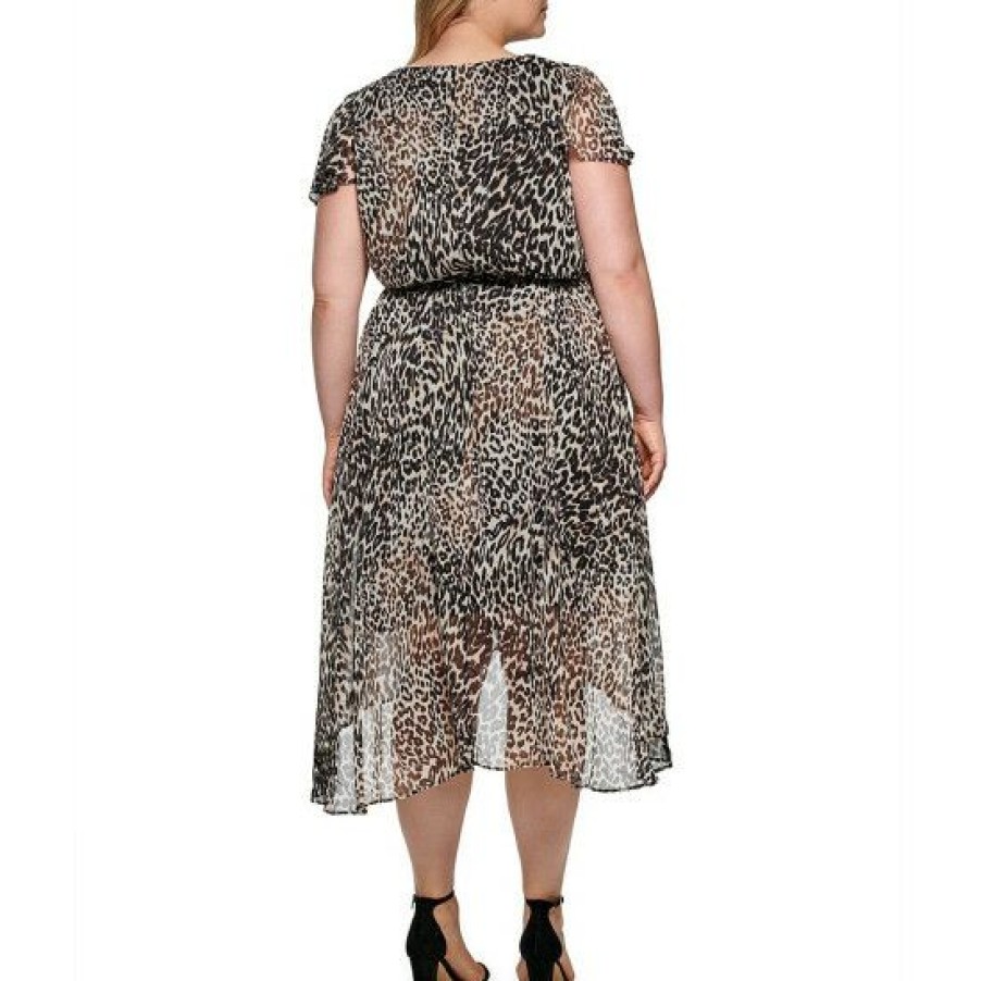 Women'S Clothing * | Best Reviews Of Dkny Plus Size Animal Print Surplice V-Neck Short Flutter Sleeve High-Low Hem Faux Wrap Dress Black Multi