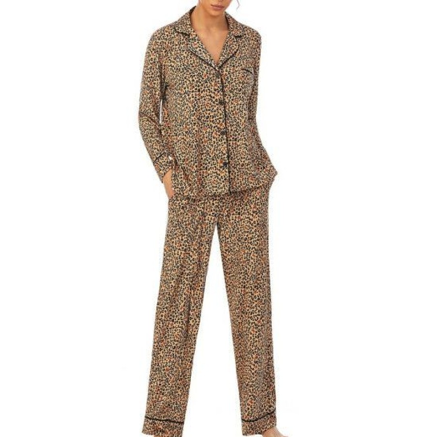 Lingerie * | Discount Dkny Animal Print Long Sleeve Notch Collar Patch Pocket Shirt & Pants Knit Pajama Set Brown Animal