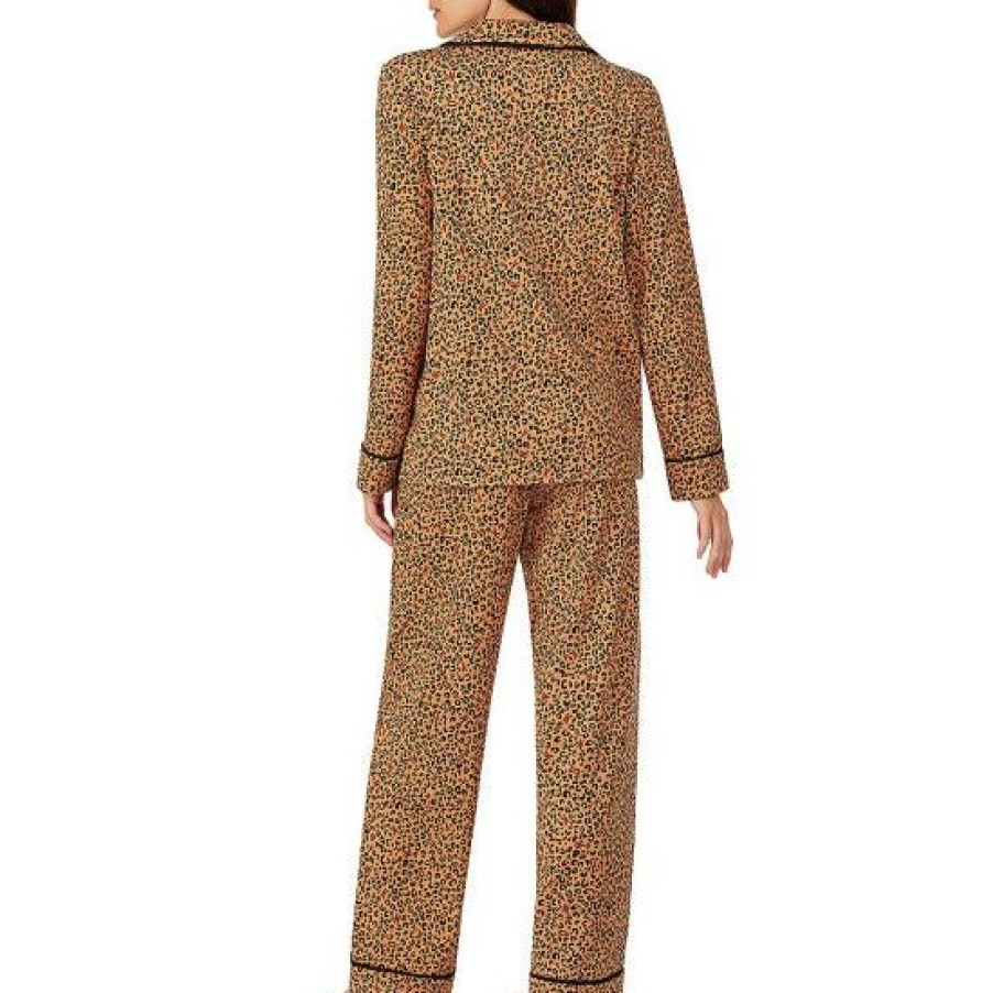 Lingerie * | Discount Dkny Animal Print Long Sleeve Notch Collar Patch Pocket Shirt & Pants Knit Pajama Set Brown Animal