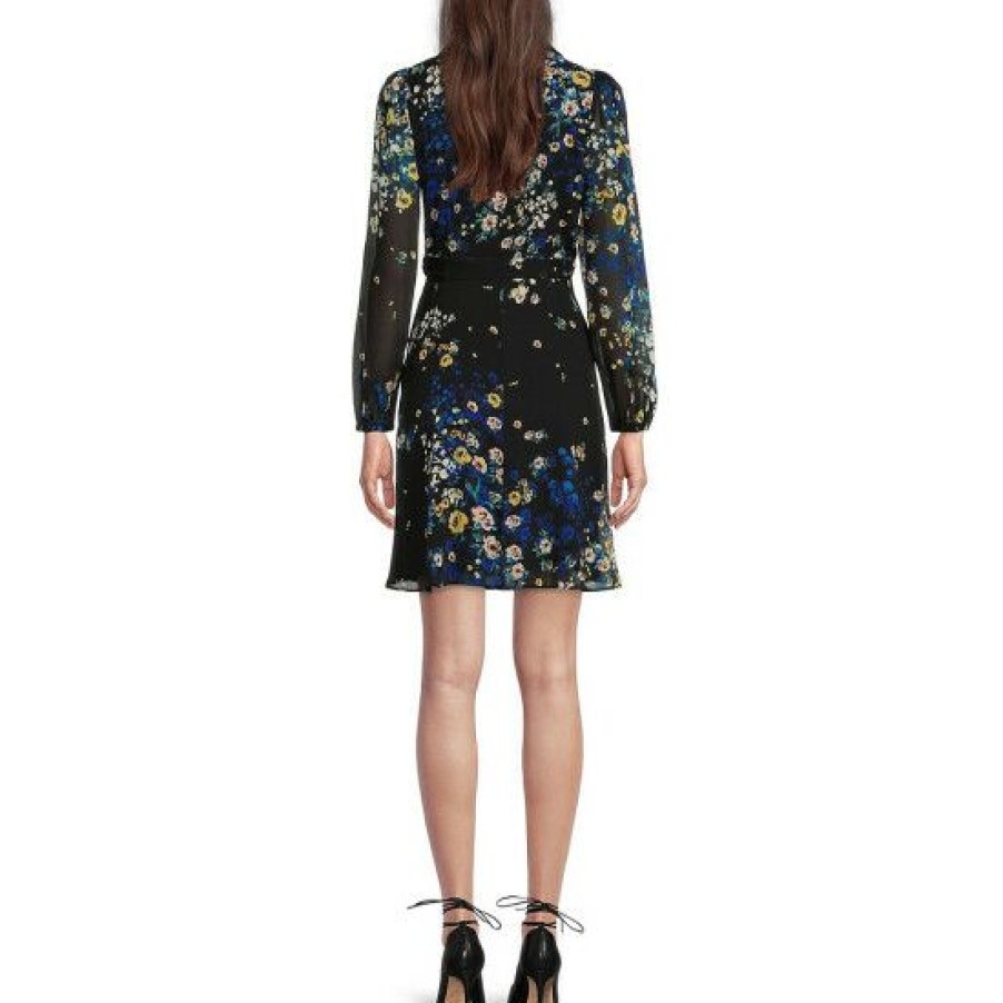 Women'S Clothing * | Hot Sale Dkny Petite Size Chiffon Floral Print V-Neck Long Illusion Blouson Sleeve Faux Wrap Dress Black/Golden